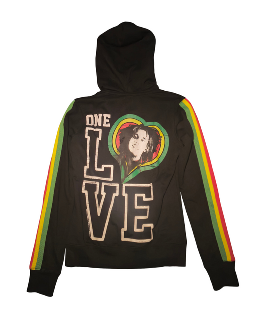 A black pullover hoodie from 876 Worldwide featuring colorful striped sleeves in red, yellow, and green. The back showcases the words "One Love" in large letters along with a reggae heart image depicting a person inside.