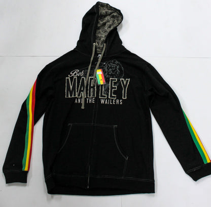 The 876 Worldwide Black Bob Marley pullover showcases striking embroidery of the Wailers text alongside a lion graphic on the front. It features red, yellow, and green stripes running along the sleeves, celebrating reggae heritage, and a hood lined with a camouflage pattern for an edgy touch.