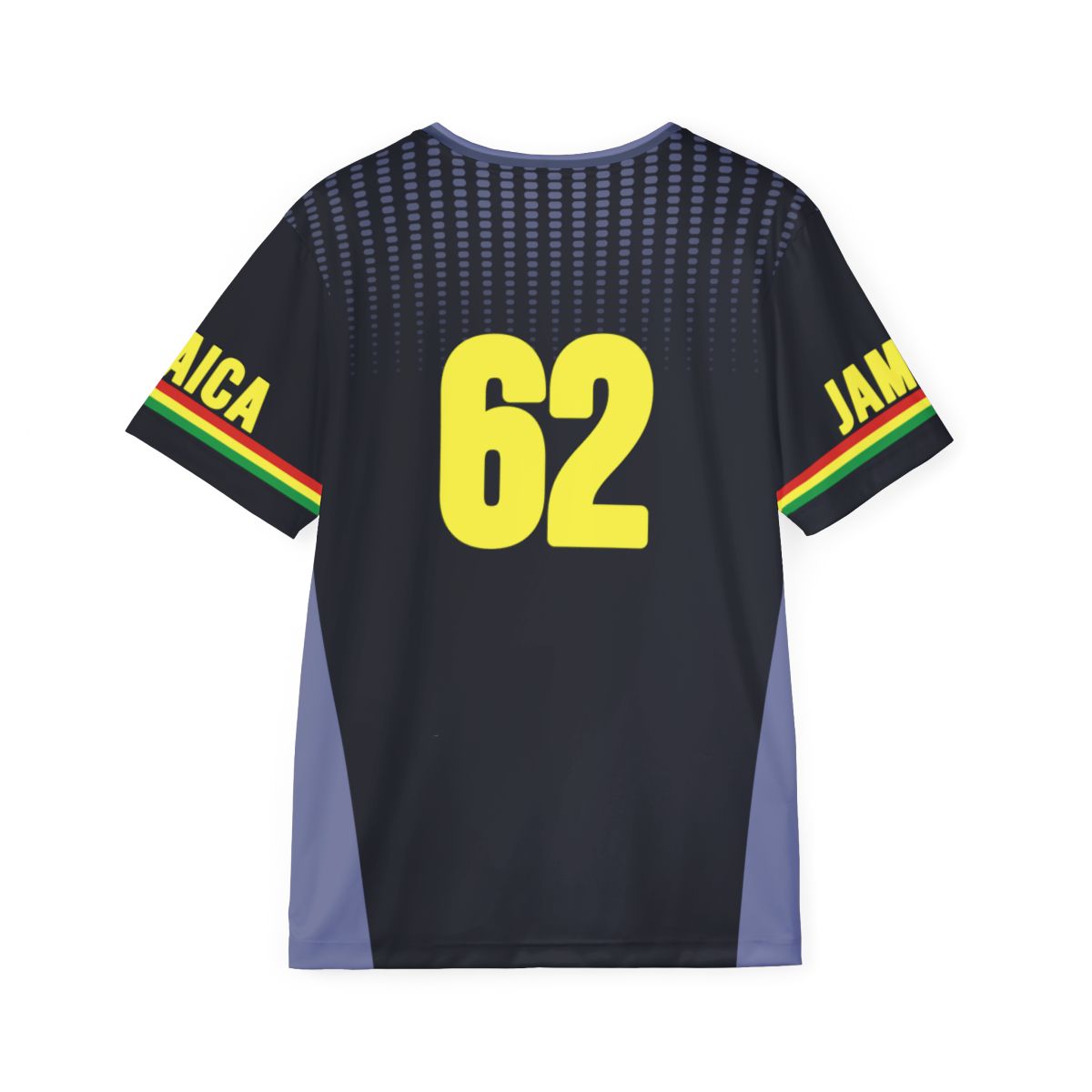 Rear view of the Jamaica black reggae jersey showcasing the number '62' in large yellow block text, celebrating Jamaica's independence. Designed with breathable side panels and a tapered fit, this athletic shirt combines cultural pride with contemporary streetwear style.