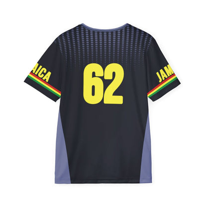 Rear view of the Jamaica black reggae jersey showcasing the number '62' in large yellow block text, celebrating Jamaica's independence. Designed with breathable side panels and a tapered fit, this athletic shirt combines cultural pride with contemporary streetwear style.