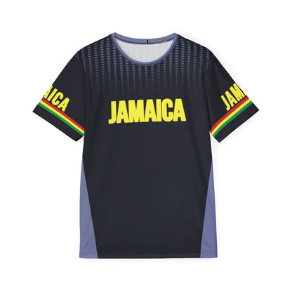 Front view of a sleek, black Jamaica reggae-accented jersey featuring 'JAMAICA' printed in bold yellow across the chest. This performance-style tee includes vibrant red, green, and yellow stripes on the sleeves and a modern gradient dot pattern across the shoulders.