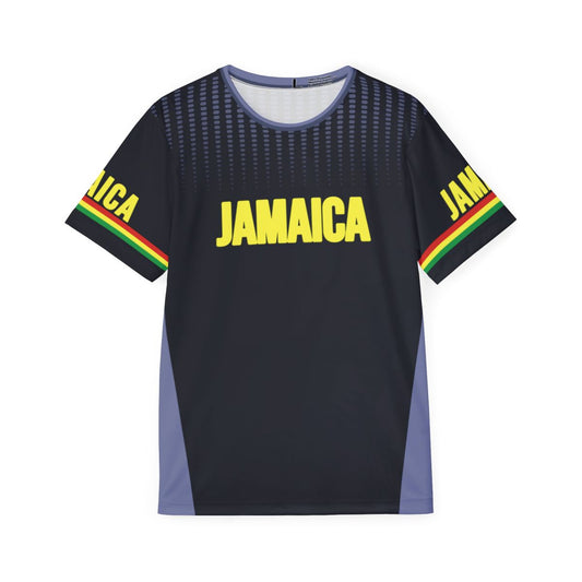 Front view of a sleek, black Jamaica reggae-accented jersey featuring 'JAMAICA' printed in bold yellow across the chest. This performance-style tee includes vibrant red, green, and yellow stripes on the sleeves and a modern gradient dot pattern across the shoulders.