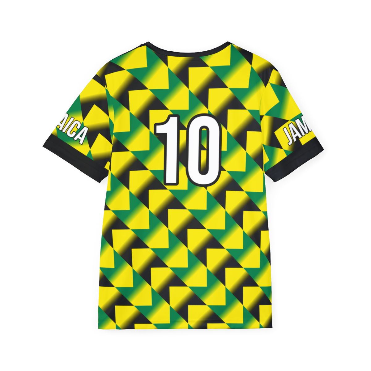 Rear view of the Jamaica tribute jersey, highlighting the number '10' in a large, white athletic font with black detailing. The striking green and yellow zigzag gradient pattern continues across the back and sleeves, making it a standout piece for fans celebrating Jamaican culture and heritage.