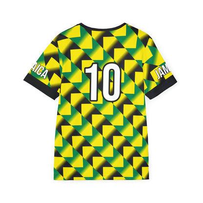 Rear view of the Jamaica tribute jersey, highlighting the number '10' in a large, white athletic font with black detailing. The striking green and yellow zigzag gradient pattern continues across the back and sleeves, making it a standout piece for fans celebrating Jamaican culture and heritage.