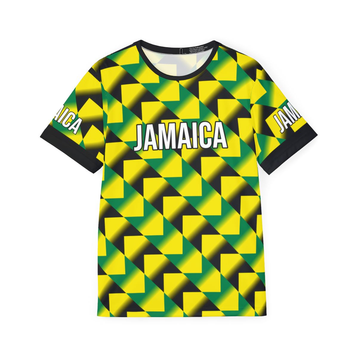Front view of a Jamaica tribute jersey featuring a bold, all-over 'bruised banana' inspired geometric pattern in vibrant yellow, green, and black. The chest displays 'JAMAICA' in white block lettering with a black outline, finished with a clean black crew neck and matching sleeve cuffs for a classic retro-sport look.