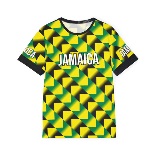 Front view of a Jamaica tribute jersey featuring a bold, all-over 'bruised banana' inspired geometric pattern in vibrant yellow, green, and black. The chest displays 'JAMAICA' in white block lettering with a black outline, finished with a clean black crew neck and matching sleeve cuffs for a classic retro-sport look.
