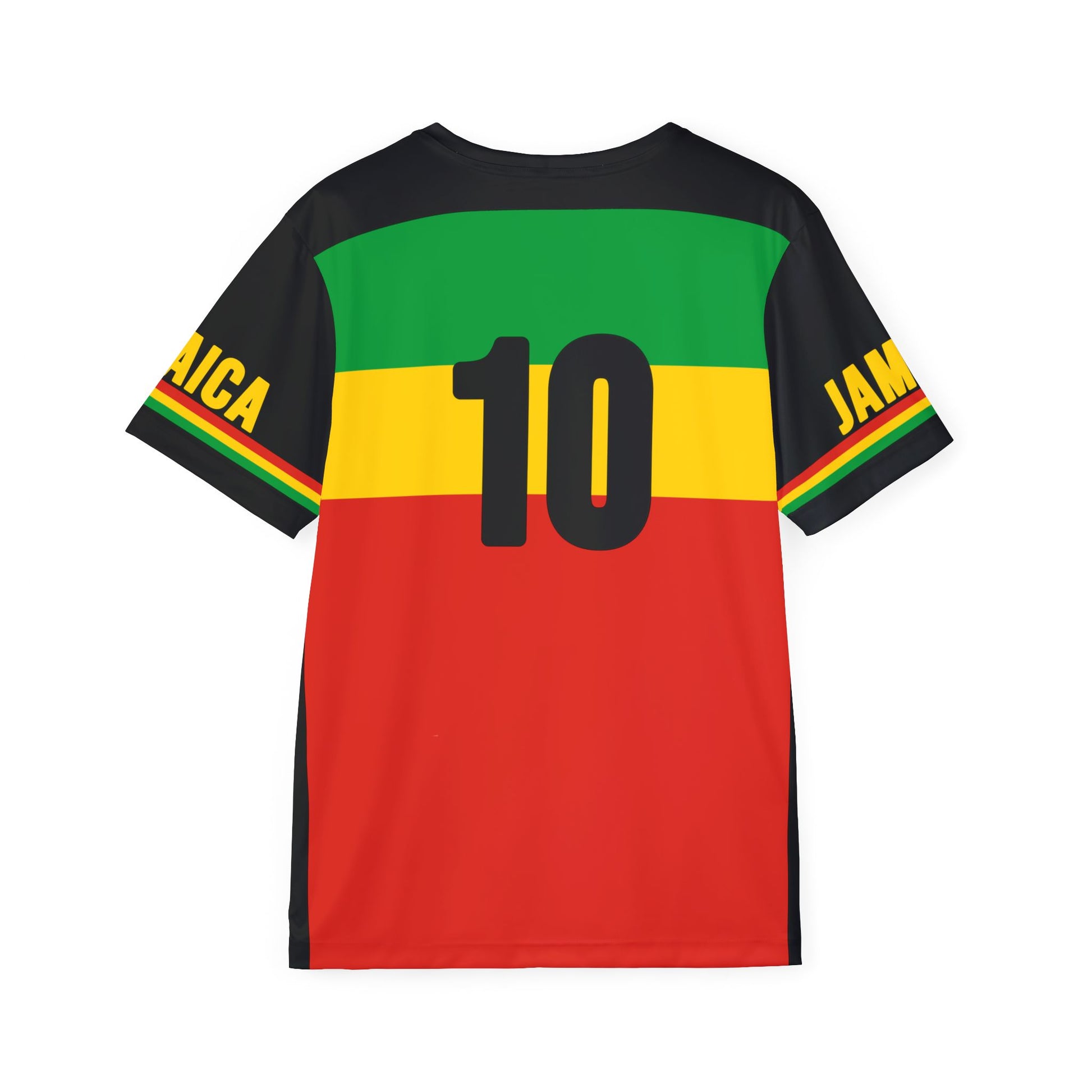 A soccer jersey (back) featuring a horizontal stripe pattern with red, yellow, green and black (Jamaican flag colors with Rasta colors) and the text '10' on the back.