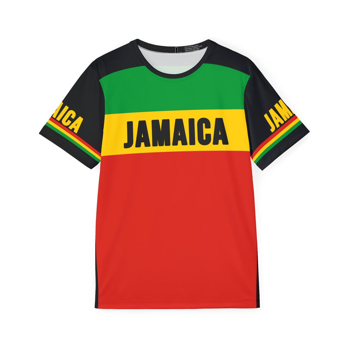 A soccer jersey featuring a horizontal stripe pattern with red, yellow, green and black (Jamaican flag colors with Rasta colors) and the text 'JAMAICA'. on the chest and sleeves.
