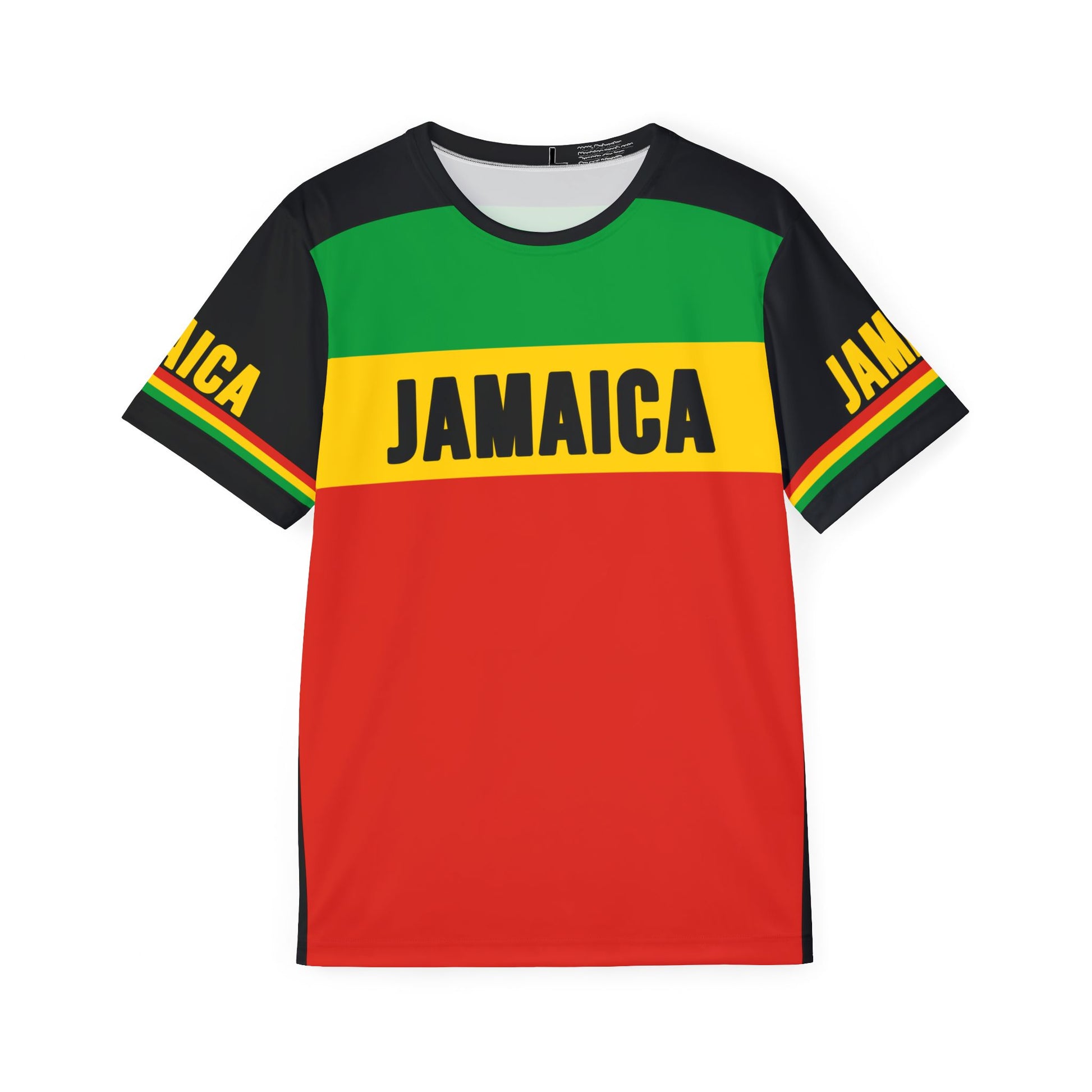 A soccer jersey featuring a horizontal stripe pattern with red, yellow, green and black (Jamaican flag colors with Rasta colors) and the text 'JAMAICA'. on the chest and sleeves.
