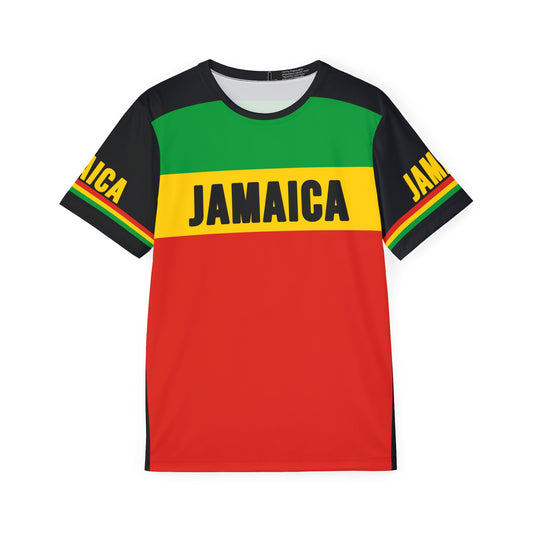 A soccer jersey featuring a horizontal stripe pattern with red, yellow, green and black (Jamaican flag colors with Rasta colors) and the text 'JAMAICA'. on the chest and sleeves.
